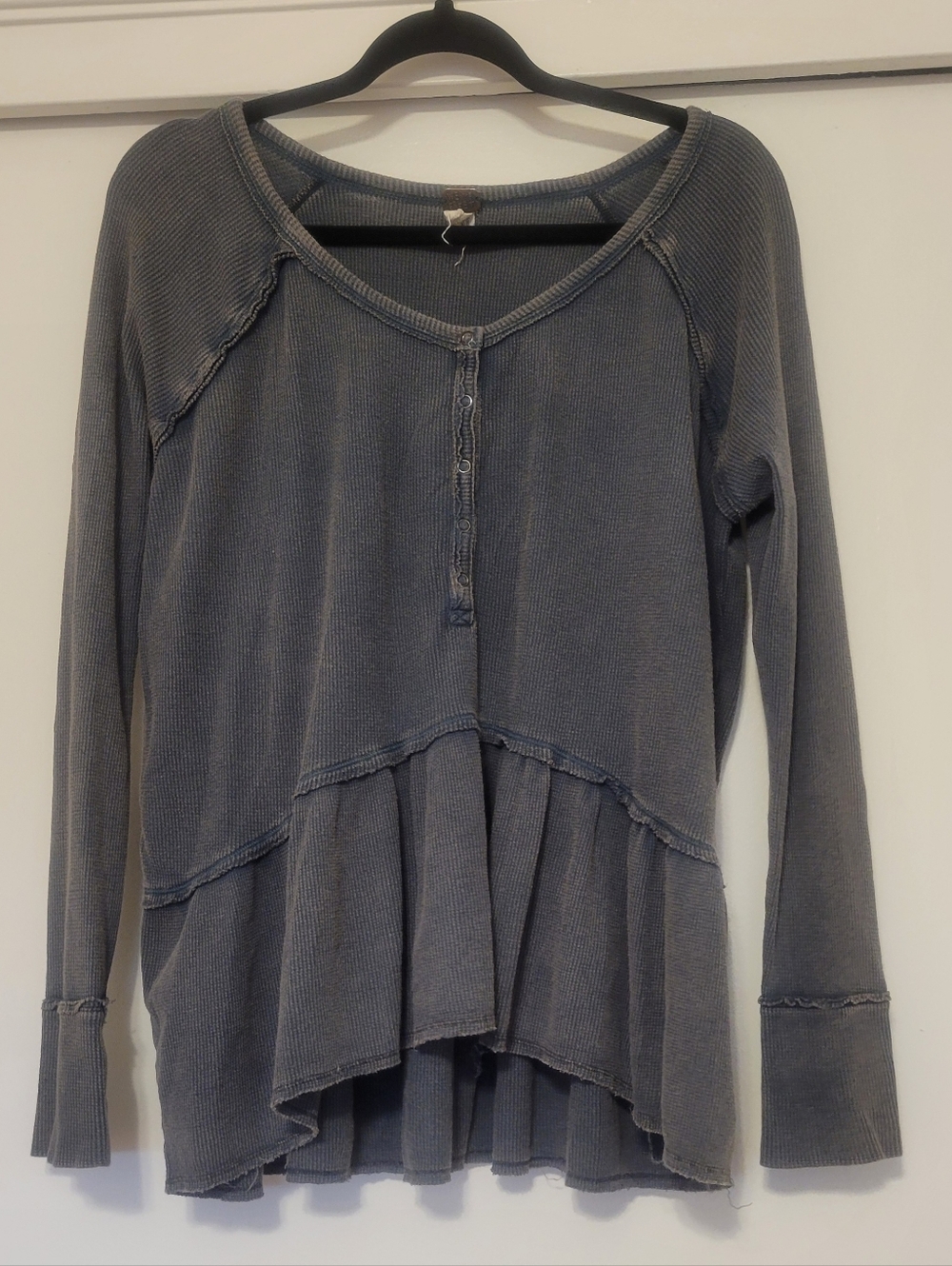 Free People We The Free Oversized Thermal Top Peplum Waffle Knit Blue Gray P/S